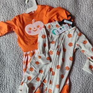 Baby Carter's Halloween, Orange Pumpkin  and Pumkins Print Onesie 0-3 Months Set